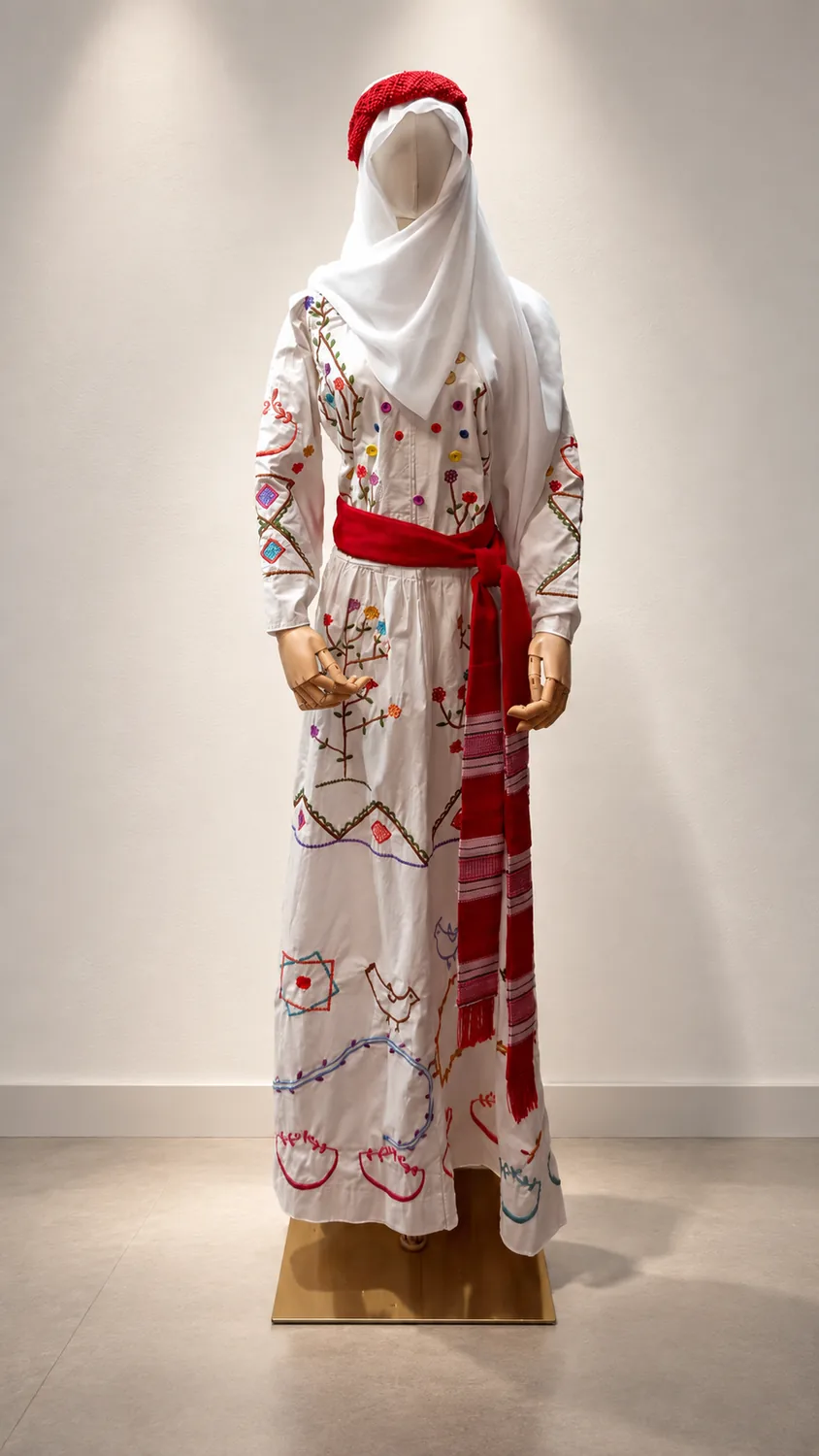 Vestido blanco con bordado de ramas y flores de colores, sobre maniquí
