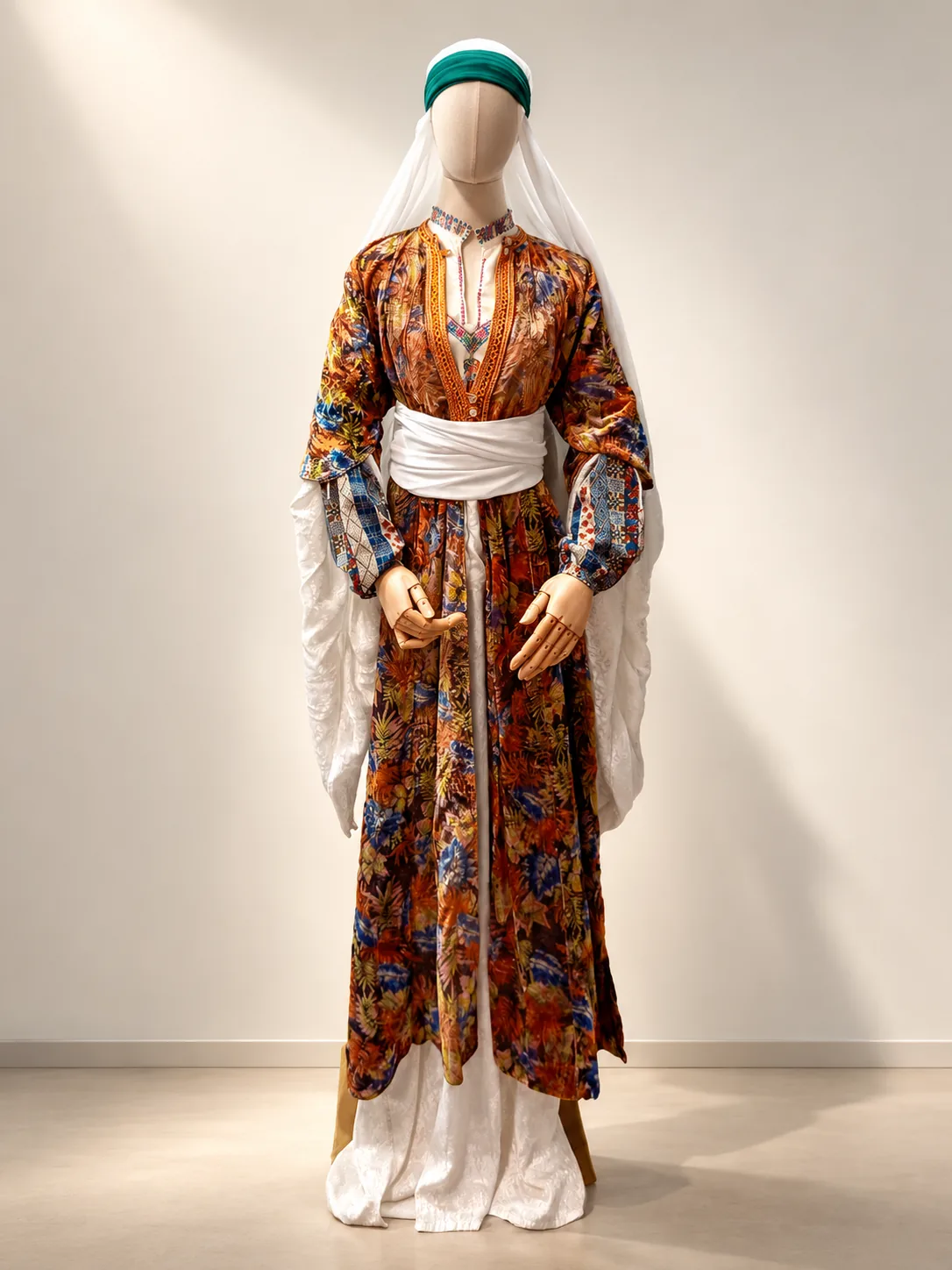 Conjunto de Tulkarm con abrigo estampado abierto sobre vestido blanco