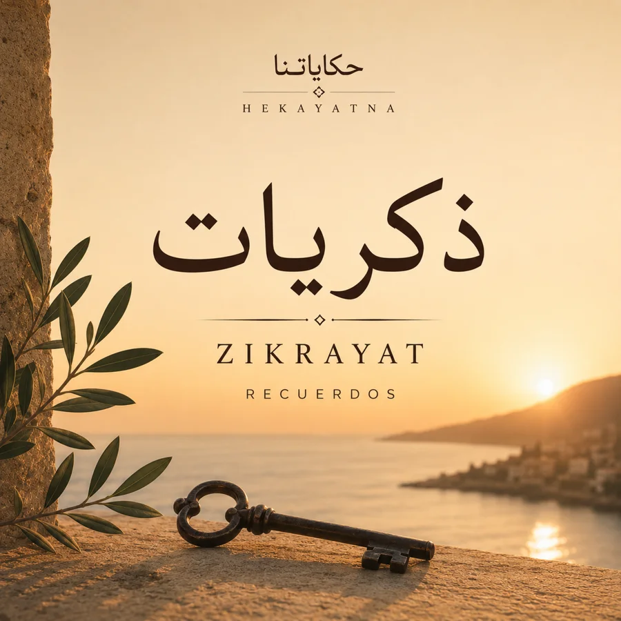 Portada del álbum Zikrayat: una llave antigua y una rama de olivo frente al mar al atardecer